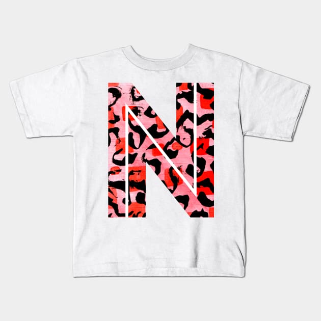 Abstract Letter N Watercolour Leopard Print Alphabet Red Kids T-Shirt by Squeeb Creative